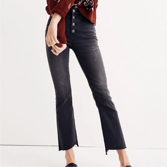 Madewell Cali Demi-Boot Jeans  Asymmetrical Hem Edition Black Button Fly - Picture 4 of 11